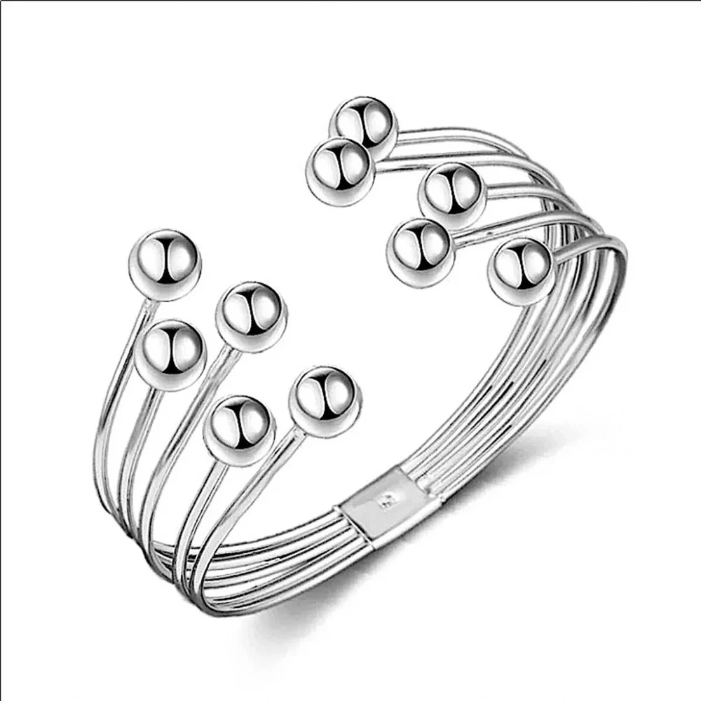 Sterling Silver Beaded Ball Bracelet Cuff Bangle Matching Ring Set